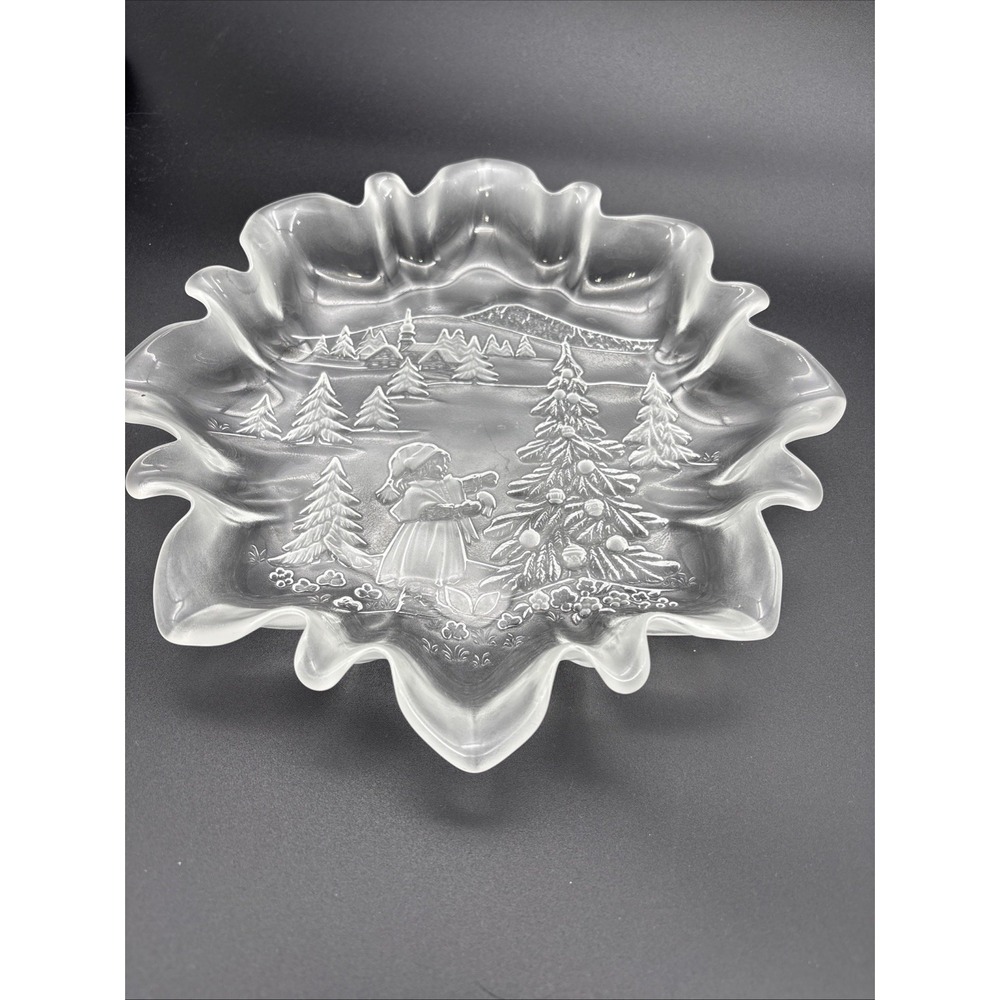 Vintage Mikasa Christmas Story Glass Platter 9.5" Frosted Wavy Edges Christmas